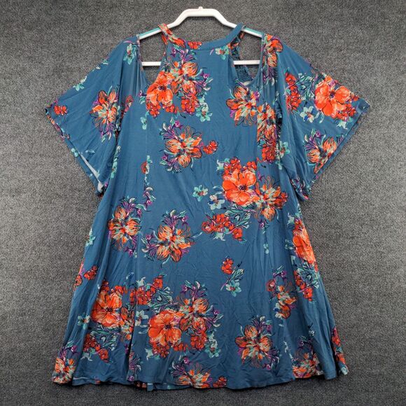 Torrid Women's Super Soft Knits A-Line Floral Dress Blue Size 00 Cold Shoulder - Picture 2 of 13